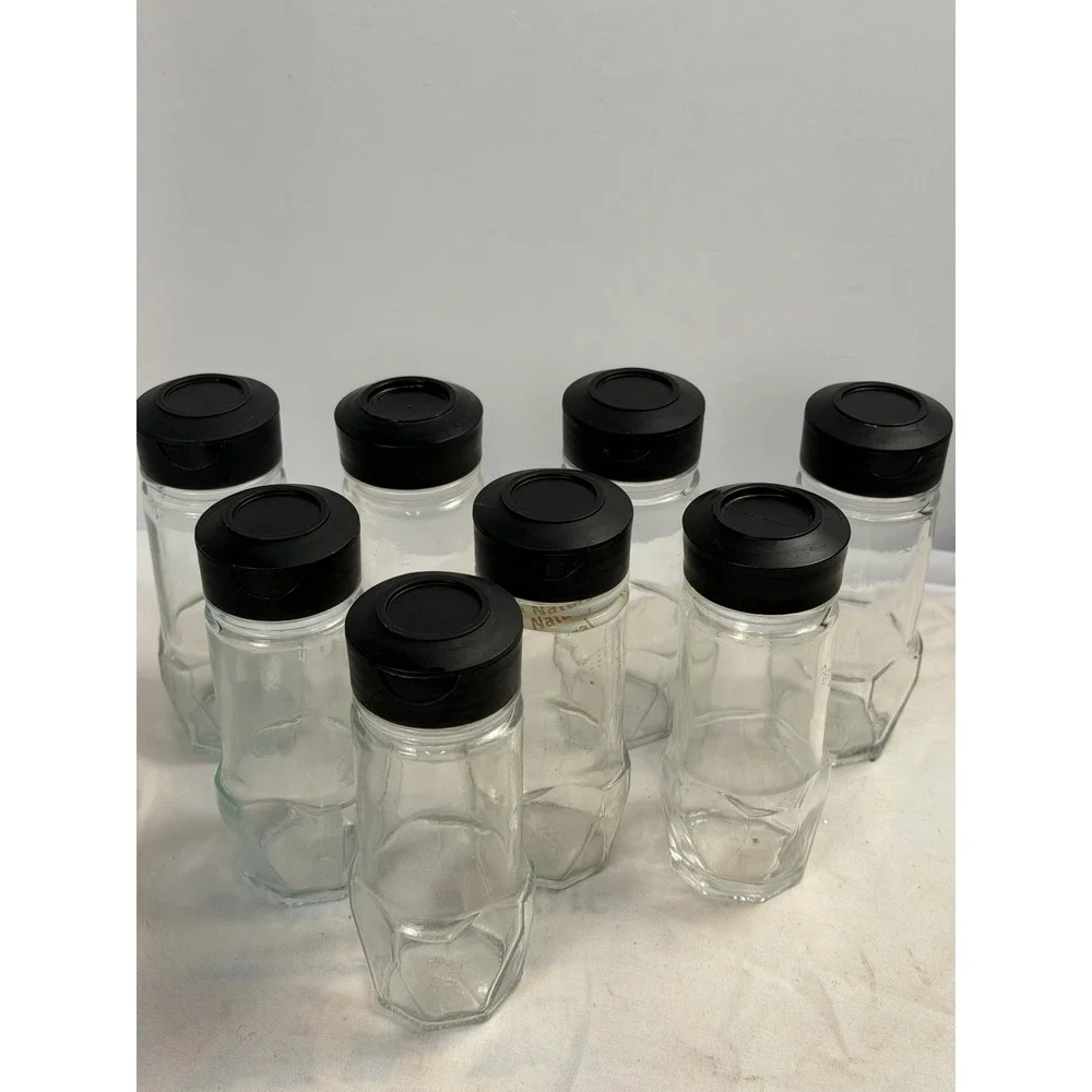 Set of 8 Glass Spice Jars with Black Flip Top Shaker Lids Hexagon Base 4oz